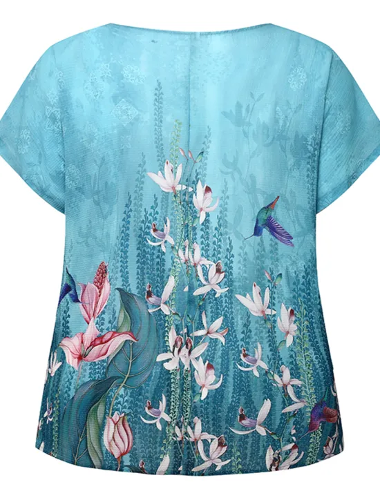 Sale Women's Blouse Chiffon Basic Casual Floral Leaf Print Dolman Sleeve Short Sleeve Regular Tops Crew Neck Daily Going out Beach Red Blue Summer Spring Women Chiffon Tops|Spring Tops