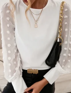 Outlet Women's Blouse Chiffon Elegant Modern Solid Color Patchwork Bishop Sleeve Long Sleeve Crew Neck Work Daily Black Navy Blue Summer Spring Fall Women Lace Tops