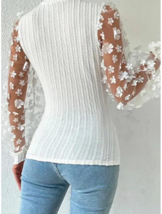 Best Women's Blouse Chiffon Stylish Modern Solid Color Mesh Patchwork Lantern Sleeve Long Sleeve Crew Neck Work Black White Blue Summer Spring Fall Women Blouses & Shirts