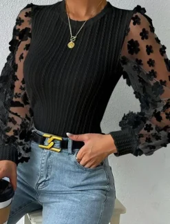 Best Women's Blouse Chiffon Stylish Modern Solid Color Mesh Patchwork Lantern Sleeve Long Sleeve Crew Neck Work Black White Blue Summer Spring Fall Women Blouses & Shirts
