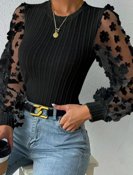 Best Women's Blouse Chiffon Stylish Modern Solid Color Mesh Patchwork Lantern Sleeve Long Sleeve Crew Neck Work Black White Blue Summer Spring Fall Women Blouses & Shirts