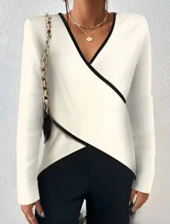 Women's Blouse Color Block Stylish Casual Long Sleeve V Neck Regular Tops Daily Criss Cross White Khaki Summer Spring Fall Women Blouses & Shirts