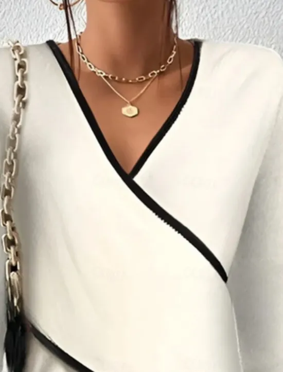 Women's Blouse Color Block Stylish Casual Long Sleeve V Neck Regular Tops Daily Criss Cross White Khaki Summer Spring Fall Women Blouses & Shirts