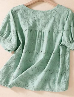 Women's Blouse Cotton Linen Shirts Solid Color Stylish Casual Short Sleeve Crew Neck Regular Tops Daily Holiday Going out Hollow Out White Orange Green Summer Spring Women Shirts