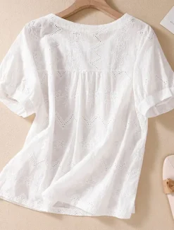 Women's Blouse Cotton Linen Shirts Solid Color Stylish Casual Short Sleeve Crew Neck Regular Tops Daily Holiday Going out Hollow Out White Orange Green Summer Spring Women Shirts