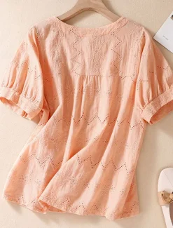 Women's Blouse Cotton Linen Shirts Solid Color Stylish Casual Short Sleeve Crew Neck Regular Tops Daily Holiday Going out Hollow Out White Orange Green Summer Spring Women Shirts