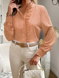Online Women's Blouse Designer Shirt Neutral Streetwear Romantic Striped Ruffle Buttons Long Sleeve Regular Tops Shirt Collar Work Going out Black White Red Blue Spring Fall & Winter Women Blouses & Shirts