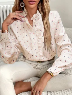 Online Women's Blouse Designer Shirt Neutral Streetwear Romantic Striped Ruffle Buttons Long Sleeve Regular Tops Shirt Collar Work Going out Black White Red Blue Spring Fall & Winter Women Blouses & Shirts