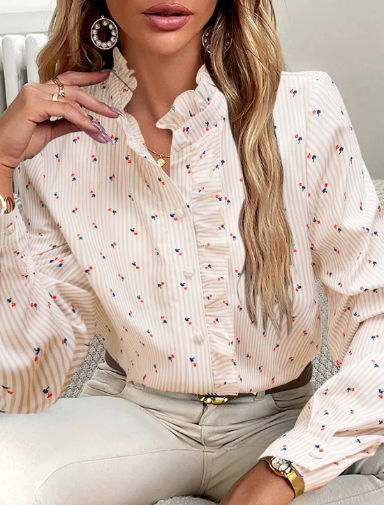 Online Women's Blouse Designer Shirt Neutral Streetwear Romantic Striped Ruffle Buttons Long Sleeve Regular Tops Shirt Collar Work Going out Black White Red Blue Spring Fall & Winter Women Blouses & Shirts