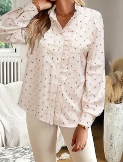 Online Women's Blouse Designer Shirt Neutral Streetwear Romantic Striped Ruffle Buttons Long Sleeve Regular Tops Shirt Collar Work Going out Black White Red Blue Spring Fall & Winter Women Blouses & Shirts