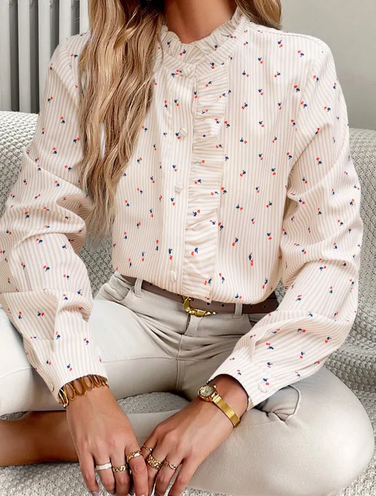 Online Women's Blouse Designer Shirt Neutral Streetwear Romantic Striped Ruffle Buttons Long Sleeve Regular Tops Shirt Collar Work Going out Black White Red Blue Spring Fall & Winter Women Blouses & Shirts