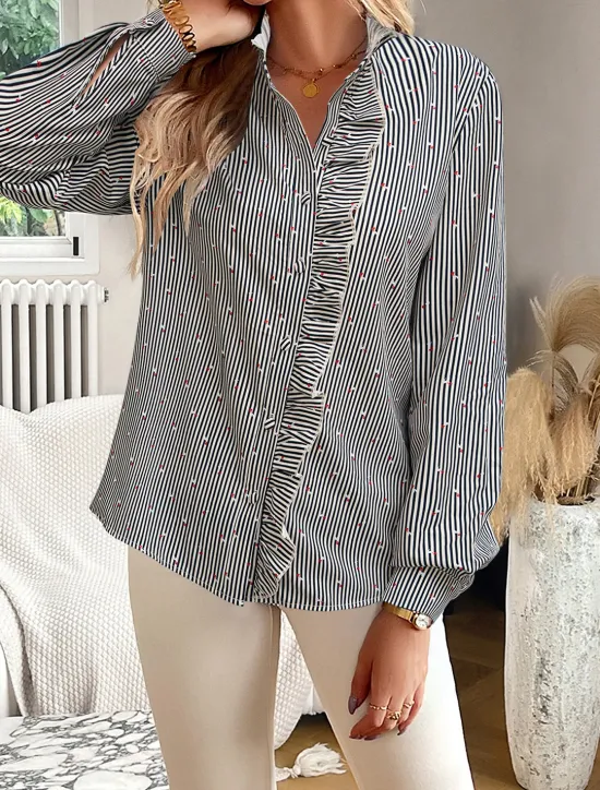 Online Women's Blouse Designer Shirt Neutral Streetwear Romantic Striped Ruffle Buttons Long Sleeve Regular Tops Shirt Collar Work Going out Black White Red Blue Spring Fall & Winter Women Blouses & Shirts