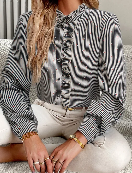 Online Women's Blouse Designer Shirt Neutral Streetwear Romantic Striped Ruffle Buttons Long Sleeve Regular Tops Shirt Collar Work Going out Black White Red Blue Spring Fall & Winter Women Blouses & Shirts