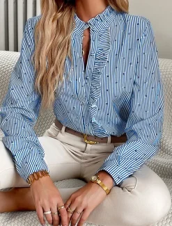 Online Women's Blouse Designer Shirt Neutral Streetwear Romantic Striped Ruffle Buttons Long Sleeve Regular Tops Shirt Collar Work Going out Black White Red Blue Spring Fall & Winter Women Blouses & Shirts