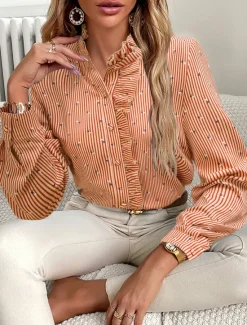 Online Women's Blouse Designer Shirt Neutral Streetwear Romantic Striped Ruffle Buttons Long Sleeve Regular Tops Shirt Collar Work Going out Black White Red Blue Spring Fall & Winter Women Blouses & Shirts