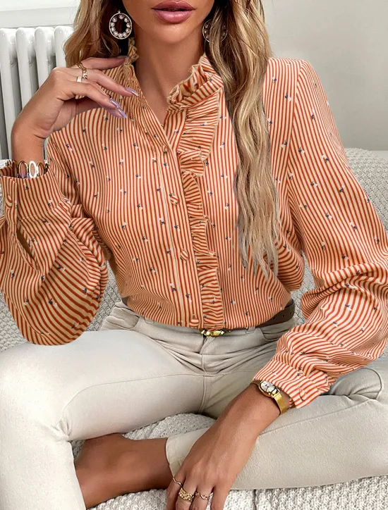Online Women's Blouse Designer Shirt Neutral Streetwear Romantic Striped Ruffle Buttons Long Sleeve Regular Tops Shirt Collar Work Going out Black White Red Blue Spring Fall & Winter Women Blouses & Shirts