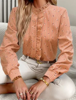 Online Women's Blouse Designer Shirt Neutral Streetwear Romantic Striped Ruffle Buttons Long Sleeve Regular Tops Shirt Collar Work Going out Black White Red Blue Spring Fall & Winter Women Blouses & Shirts