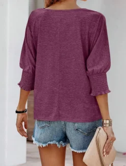 New Women's Blouse Dressy Tops Daily Stylish Casual Ruched Patchwork 3/4 Length Sleeve Regular Tops Crew Neck Vacation Party Daily Black Pink Wine Khaki Beige All Seasons Women T-Shirts
