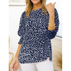 Online Women's Blouse Dressy Tops Casual Polka Dot Print Lantern Sleeve 3/4 Length Sleeve Crew Neck Daily Black Pink Green Summer Spring Fall Women Blouses & Shirts