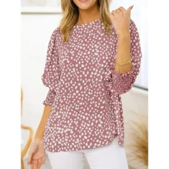Online Women's Blouse Dressy Tops Casual Polka Dot Print Lantern Sleeve 3/4 Length Sleeve Crew Neck Daily Black Pink Green Summer Spring Fall Women Blouses & Shirts