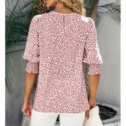 Online Women's Blouse Dressy Tops Casual Polka Dot Print Lantern Sleeve 3/4 Length Sleeve Crew Neck Daily Black Pink Green Summer Spring Fall Women Blouses & Shirts