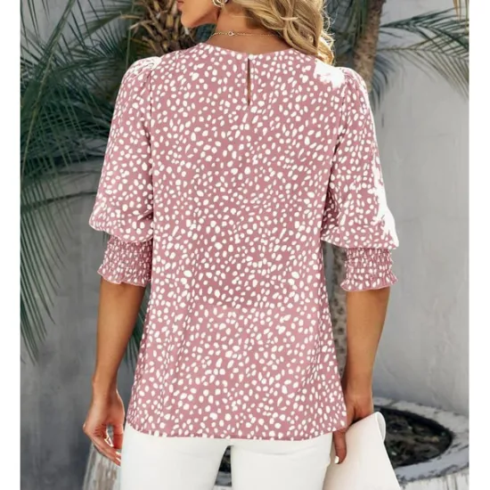 Online Women's Blouse Dressy Tops Casual Polka Dot Print Lantern Sleeve 3/4 Length Sleeve Crew Neck Daily Black Pink Green Summer Spring Fall Women Blouses & Shirts