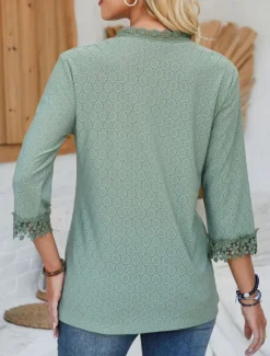 New Women's Blouse Dressy Tops Daily 3/4 Length Sleeve V Neck Lace Sage Green Black Pink Beige Spring & Summer Women Lace Tops
