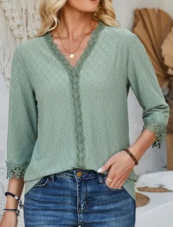 New Women's Blouse Dressy Tops Daily 3/4 Length Sleeve V Neck Lace Sage Green Black Pink Beige Spring & Summer Women Lace Tops
