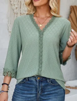 New Women's Blouse Dressy Tops Daily 3/4 Length Sleeve V Neck Lace Sage Green Black Pink Beige Spring & Summer Women Lace Tops