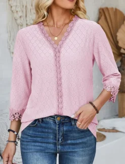 New Women's Blouse Dressy Tops Daily 3/4 Length Sleeve V Neck Lace Sage Green Black Pink Beige Spring & Summer Women Lace Tops