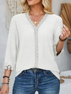 New Women's Blouse Dressy Tops Daily 3/4 Length Sleeve V Neck Lace Sage Green Black Pink Beige Spring & Summer Women Lace Tops