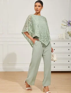 Outlet Women's Blouse Dressy Tops Plain Elegant Half Sleeve Crew Neck Regular Tops Wedding Guest Daily Lace Patchwork Layered Summer Spring Women Chiffon Dresses