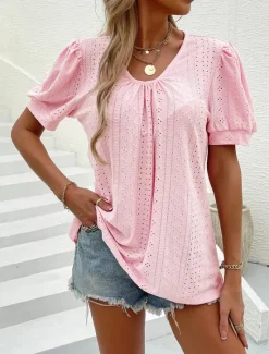 Best Women's Blouse Elegant Bohemia Short Sleeve Crew Neck Vacation Daily Going out Knotted White Pink Army Green Green Summer Women Lace Tops