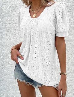 Best Women's Blouse Elegant Bohemia Short Sleeve Crew Neck Vacation Daily Going out Knotted White Pink Army Green Green Summer Women Lace Tops