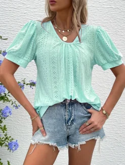 Best Women's Blouse Elegant Bohemia Short Sleeve Crew Neck Vacation Daily Going out Knotted White Pink Army Green Green Summer Women Lace Tops