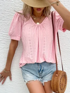 Best Women's Blouse Elegant Bohemia Short Sleeve Crew Neck Vacation Daily Going out Knotted White Pink Army Green Green Summer Women Lace Tops