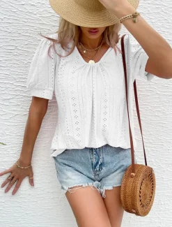 Best Women's Blouse Elegant Bohemia Short Sleeve Crew Neck Vacation Daily Going out Knotted White Pink Army Green Green Summer Women Lace Tops