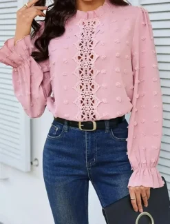 Women's Blouse Elegant Stylish Solid Color Ruffle Patchwork Bell Sleeve Long Sleeve High Neck Vacation Spring Fall Women Blouses & Shirts|T-Shirts