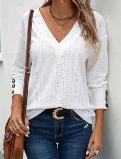 Sale Women's Blouse Elegant Stylish Modern Hollow Out Long Sleeve Regular Tops V Neck Work Daily Black White Pink Brown Spring Fall Winter Women Lace Tops