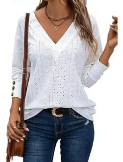 Sale Women's Blouse Elegant Stylish Modern Hollow Out Long Sleeve Regular Tops V Neck Work Daily Black White Pink Brown Spring Fall Winter Women Lace Tops