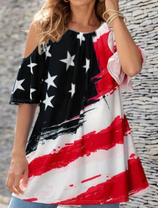 Clearance Women's Blouse Flag Vintage Tropical Casual 3/4 Length Sleeve Crew Neck Regular Tops Daily Print Black Blue Purple Summer Women Independence Day Top