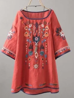 Online Women's Blouse Floral Bohemia Basic Casual Half Sleeve Crew Neck Regular Tops Daily Embroidered White Yellow Red Summer Women Shirts