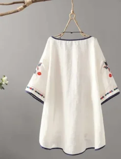 Online Women's Blouse Floral Bohemia Basic Casual Half Sleeve Crew Neck Regular Tops Daily Embroidered White Yellow Red Summer Women Shirts