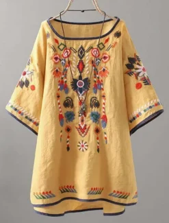 Online Women's Blouse Floral Bohemia Basic Casual Half Sleeve Crew Neck Regular Tops Daily Embroidered White Yellow Red Summer Women Shirts