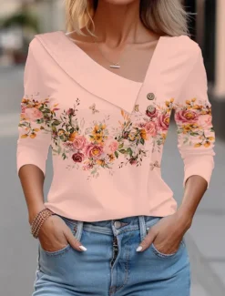 Outlet Women's Blouse Floral Elegant Vintage Fashion Long Sleeve V Neck Regular Tops Holiday Weekend Buttons Print White Pink Blue Purple Green Fall & Winter Women Spring Tops