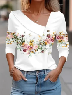 Outlet Women's Blouse Floral Elegant Vintage Fashion Long Sleeve V Neck Regular Tops Holiday Weekend Buttons Print White Pink Blue Purple Green Fall & Winter Women Spring Tops