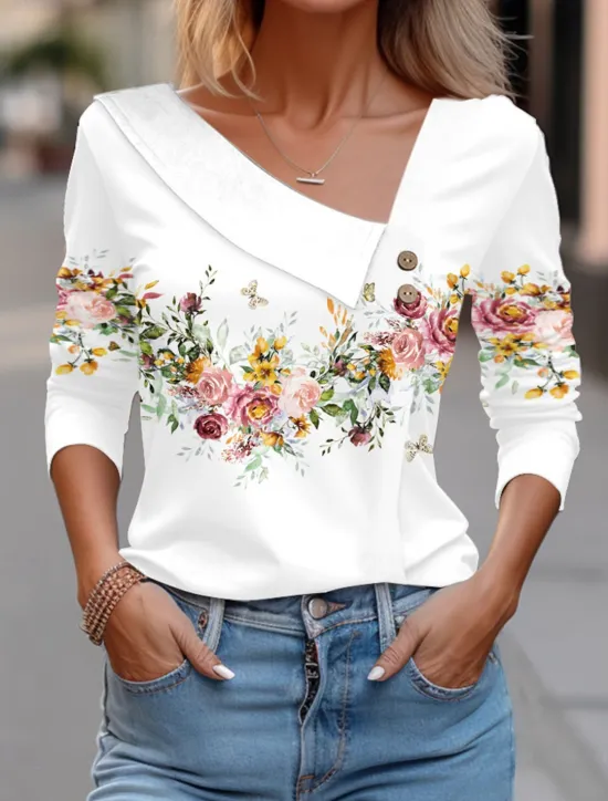 Outlet Women's Blouse Floral Elegant Vintage Fashion Long Sleeve V Neck Regular Tops Holiday Weekend Buttons Print White Pink Blue Purple Green Fall & Winter Women Spring Tops
