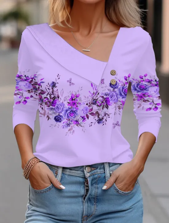 Outlet Women's Blouse Floral Elegant Vintage Fashion Long Sleeve V Neck Regular Tops Holiday Weekend Buttons Print White Pink Blue Purple Green Fall & Winter Women Spring Tops