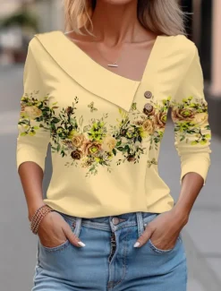 Outlet Women's Blouse Floral Elegant Vintage Fashion Long Sleeve V Neck Regular Tops Holiday Weekend Buttons Print White Pink Blue Purple Green Fall & Winter Women Spring Tops