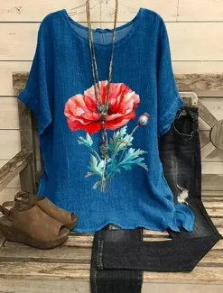 Women's Blouse Floral Graphic Bohemia Vintage Ethnic Half Sleeve Crew Neck Boat Neck Regular Tops Daily Holiday Going out Print Yellow Navy Blue Blue Summer Spring Women Shirts